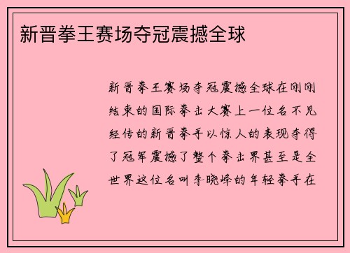 新晋拳王赛场夺冠震撼全球